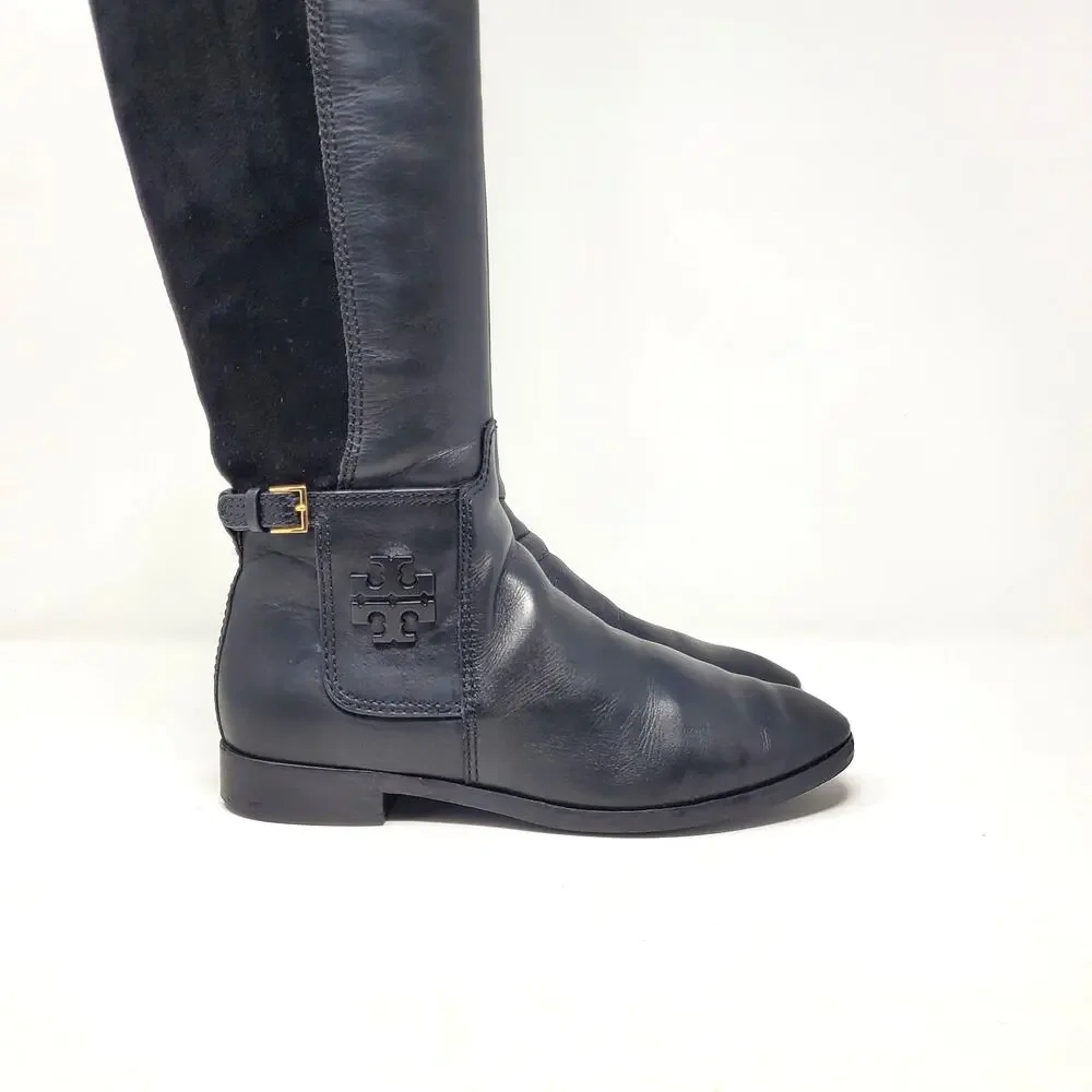 Tory Burch Wyatt Over The Knee Riding Boots Leather Black Logo 40791 Size 7